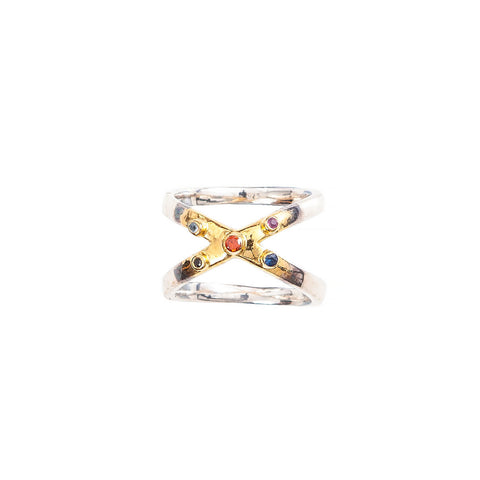 Cross over ring with multi coloured semi-precious stones.