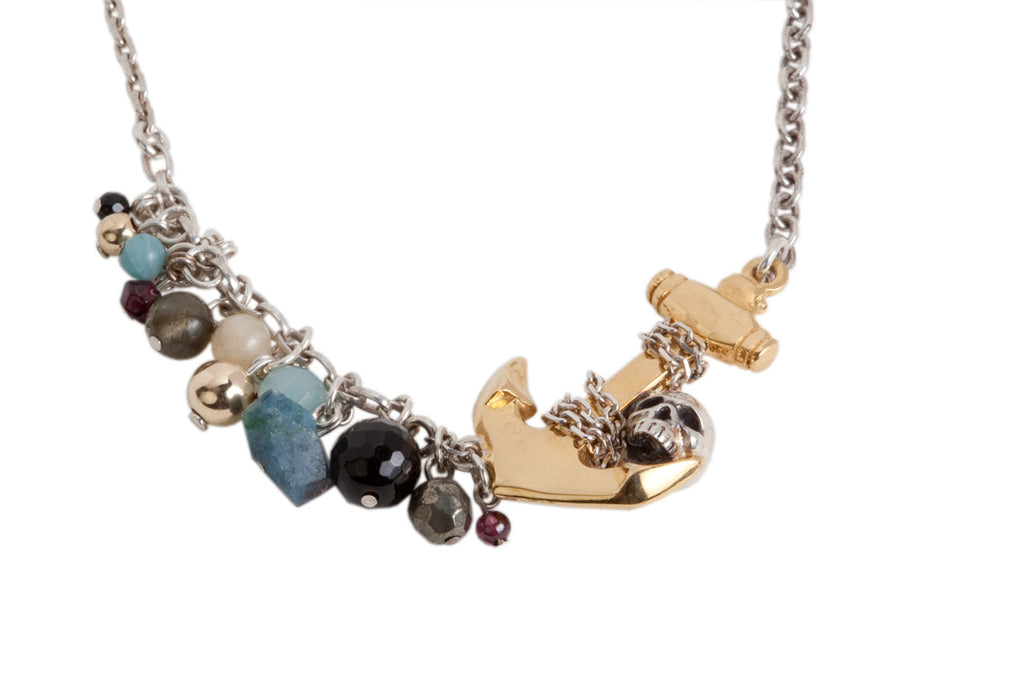 Heavy Golden Anchor and Skull with Semi Precious Stones Necklace